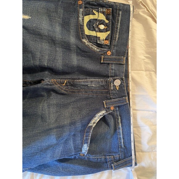 True Religion Men Denim Jeans 36 Bootcut/Flare Twisted Seams Green/Yellow Paint - Picture 13 of 13